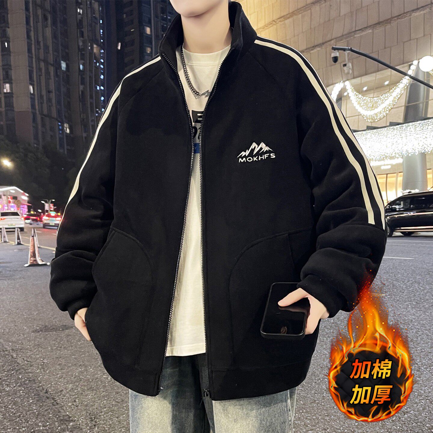 立领奥粒绒夹克男秋冬季加棉加厚保暖外套青少年潮牌黑色冬装棉衣