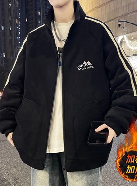 立领奥粒绒夹克男秋冬季加棉加厚保暖外套青少年潮牌黑色冬装棉衣