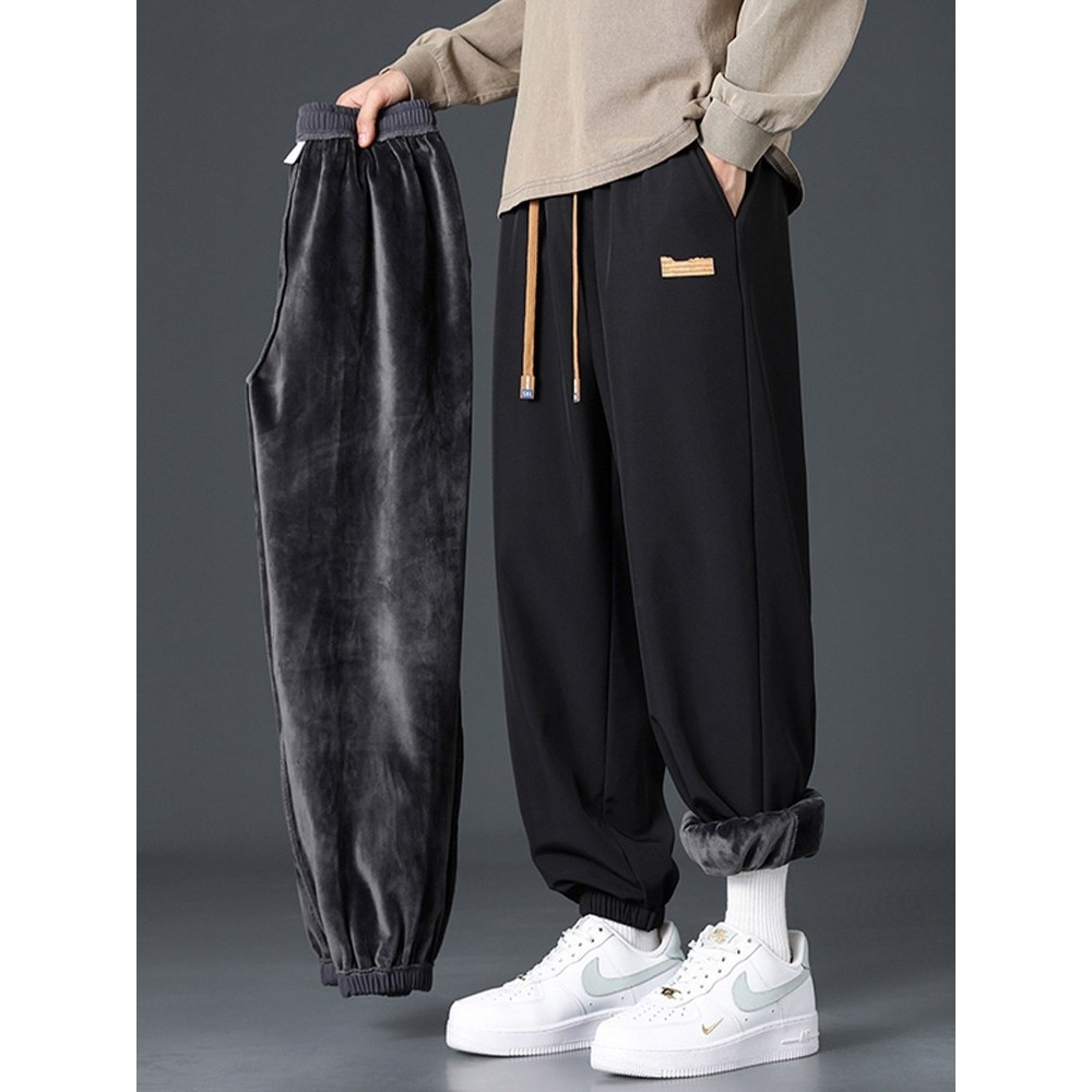 加绒裤子男款秋冬季保暖束脚运动卫裤男青少年潮牌热力绒休闲长裤