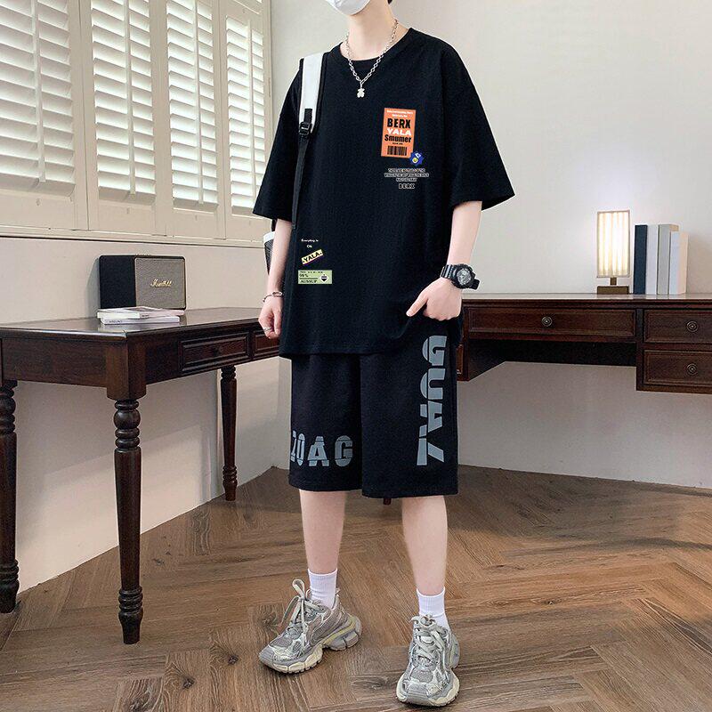 夏季纯棉青少年短袖t恤男2026新款大童潮流帅气初中学生运动套装