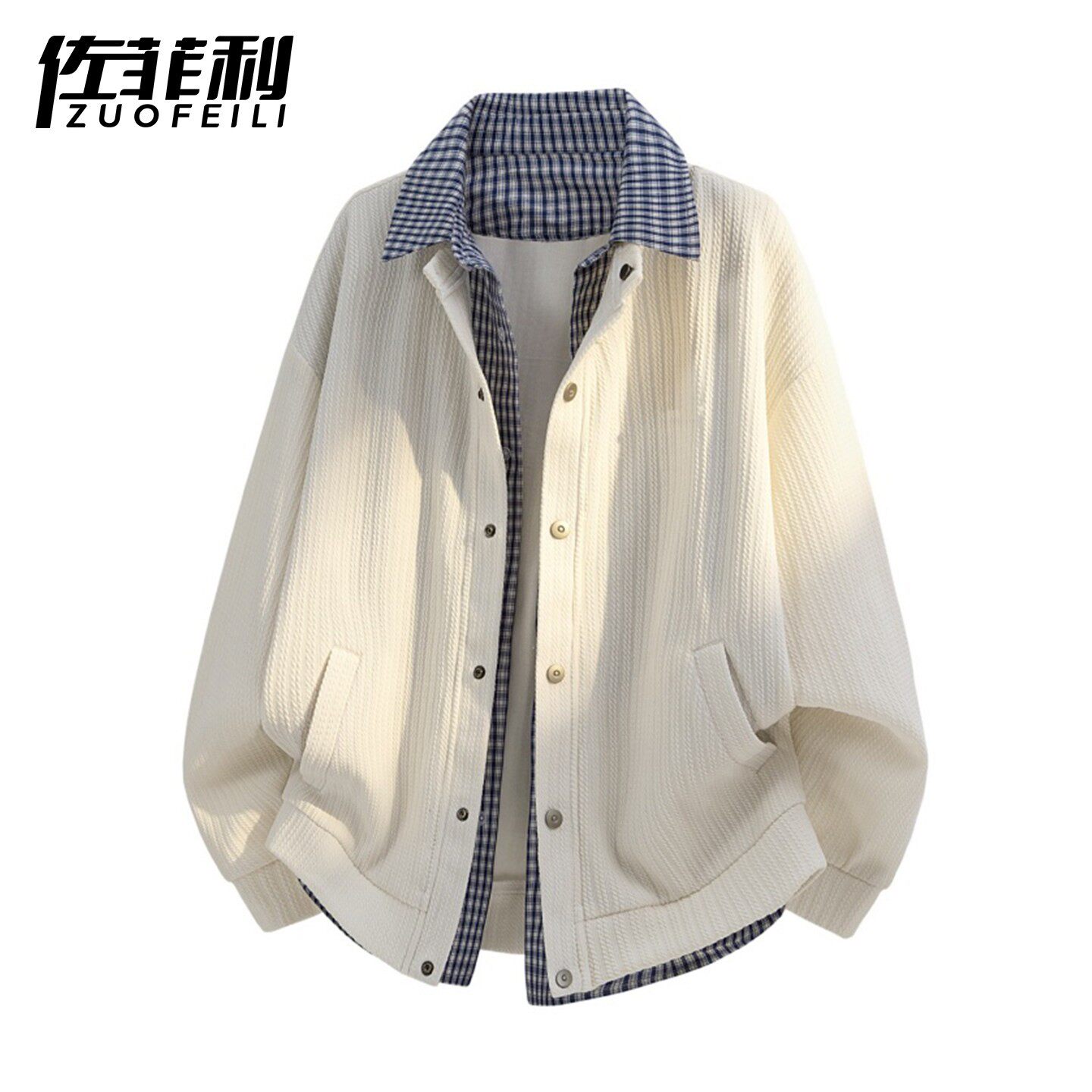 撞色翻领夹克男春秋季潮流麦穗纹设计感春装宽松休闲风假两件外套