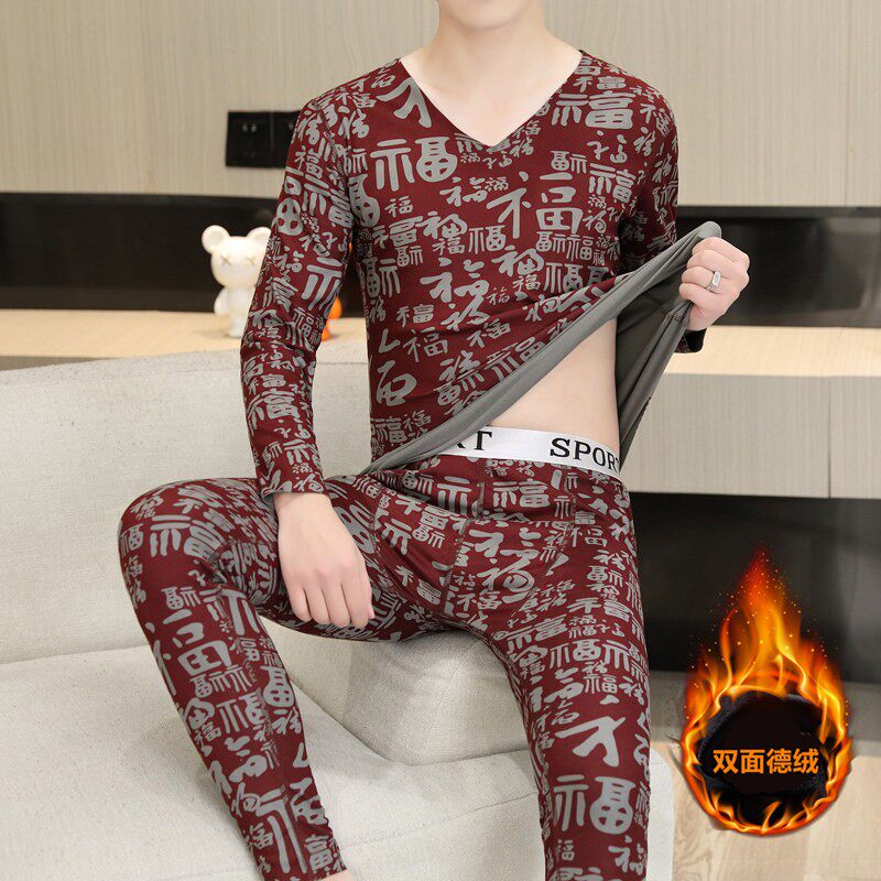 【高档德绒套装】男士保暖内衣本命年加肥加大码双面绒秋衣秋裤子