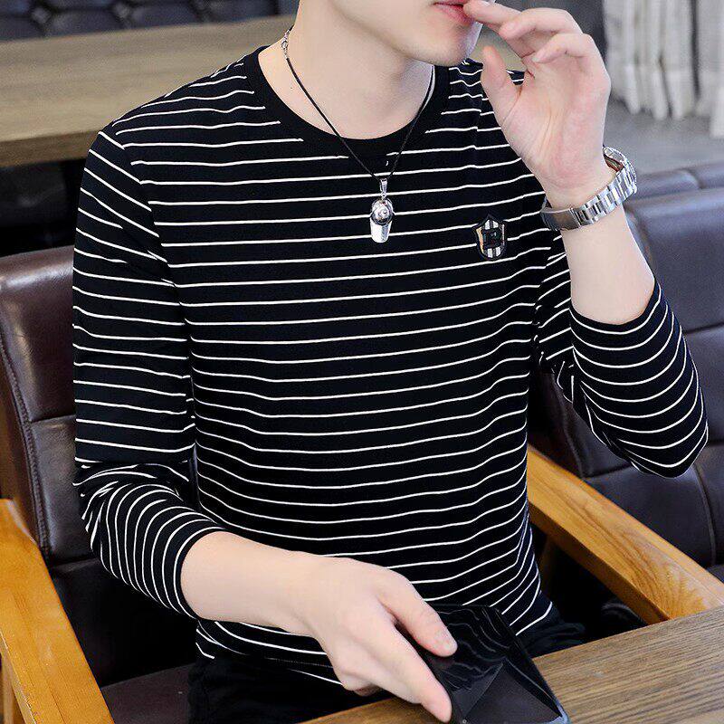 黑白条纹休闲长袖t恤男士春秋季潮流薄款秋装上衣潮牌圆领打底衫