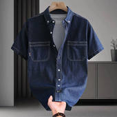 衬衫 复古蓝水洗牛仔短袖 男士 青年修身 百搭休闲衬衣 夏季 薄款 新款