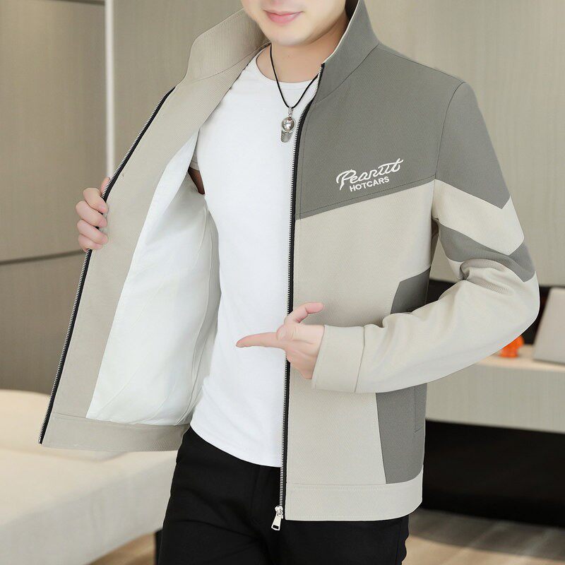 春秋季新款立领夹克男士韩版拼色百搭时尚高级感短款风衣工装外套