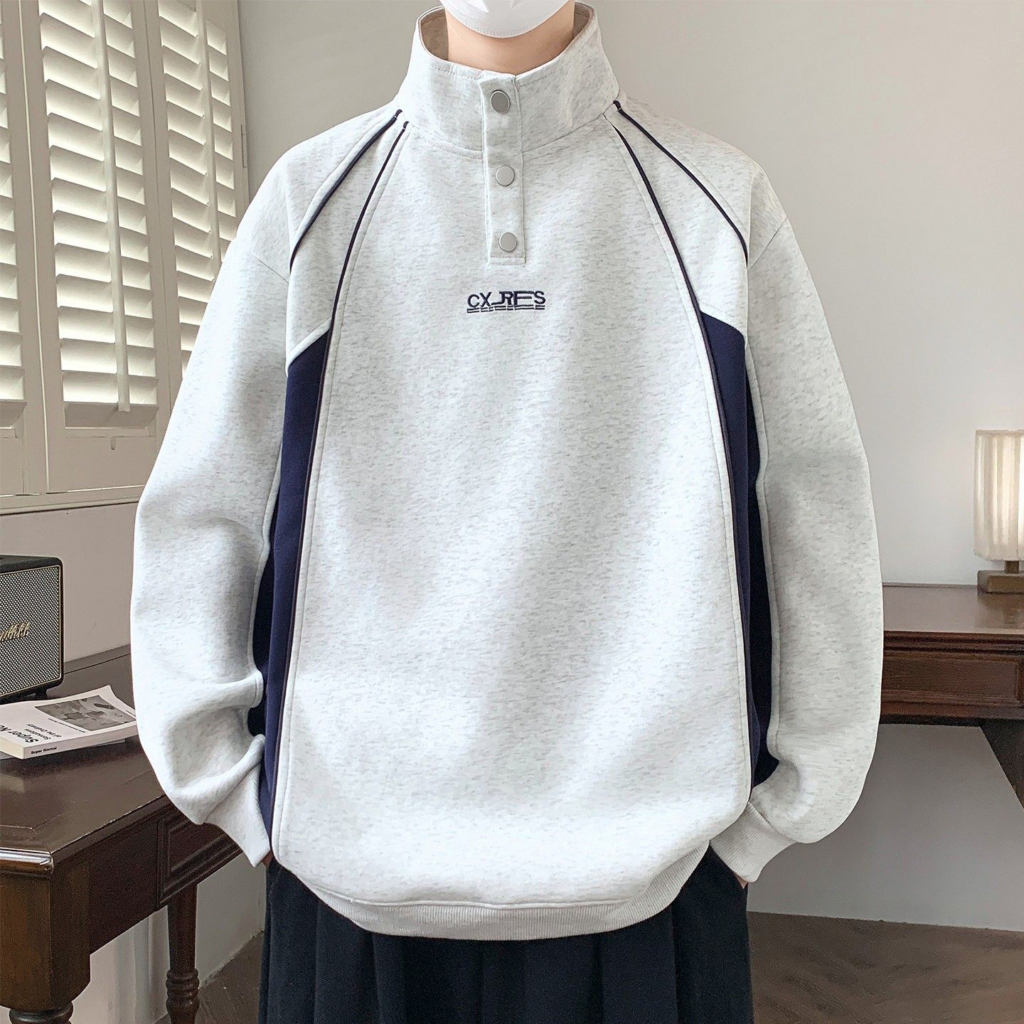 冬季港风加绒加厚卫衣男舒适立领长袖T恤青少年保暖扣子领口上衣,运动服/休闲服装,运动套装,淘宝优惠券,粉丝福利购,淘宝优惠卷