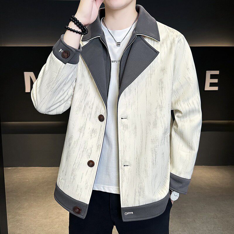 春秋季新款男士夹克上衣西装领英伦风时尚休闲高级设计感工装外套