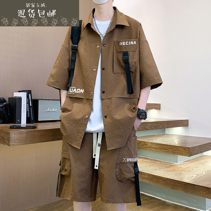 五分袖衬衫套装男夏季短袖短裤两件套男装衬衣休闲穿搭一整套衣服