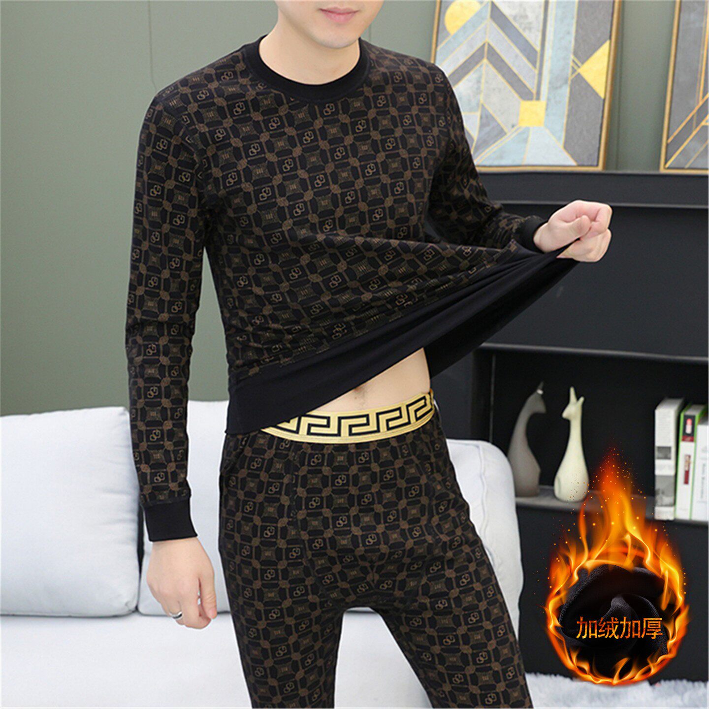 高档纯棉男士保暖内衣套装潮流加绒加厚欧洲站秋衣秋裤帅气家居服