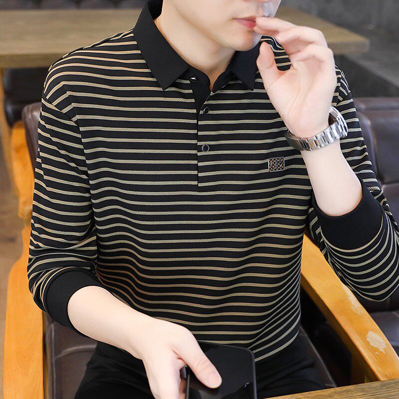 男士卫衣春秋季2026新款polo衫衬衫领潮流上衣中青年条纹长袖t恤