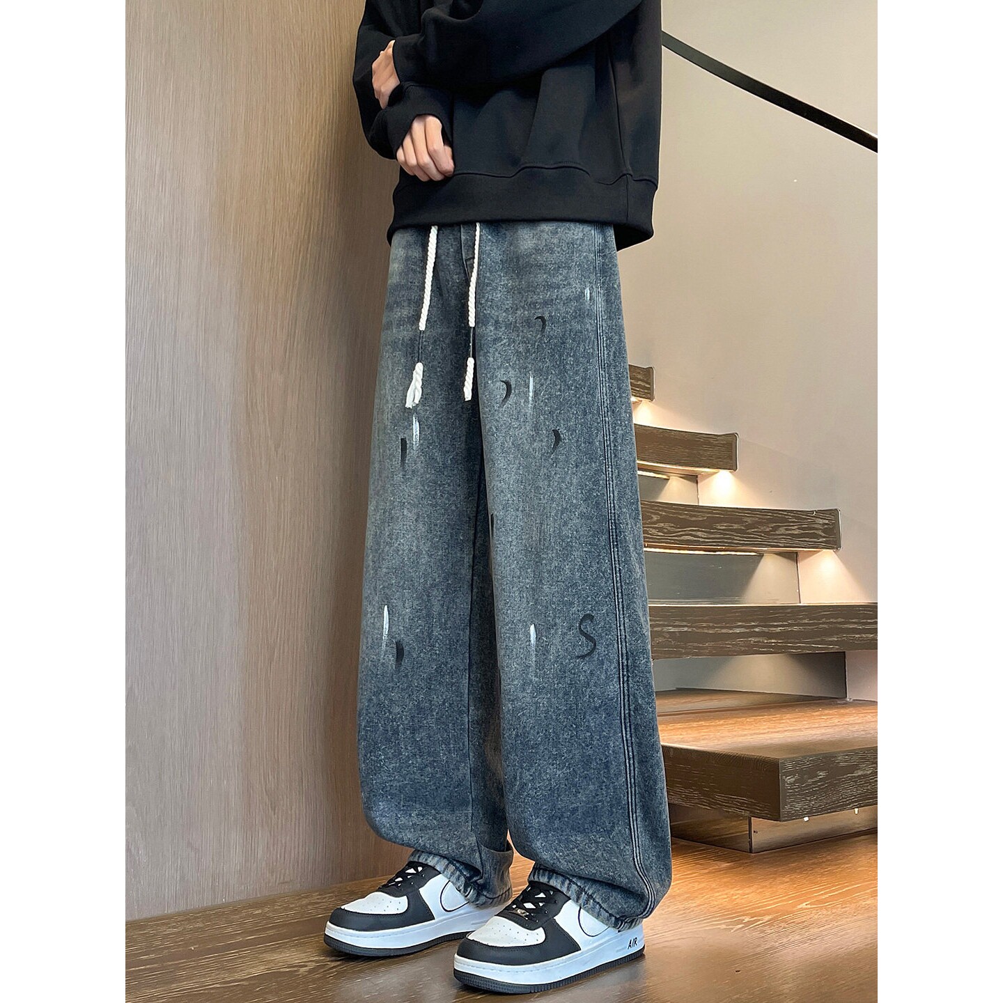 春秋款牛仔裤子男孩青少年初中高中学生帅气大童阔腿直筒休闲长裤