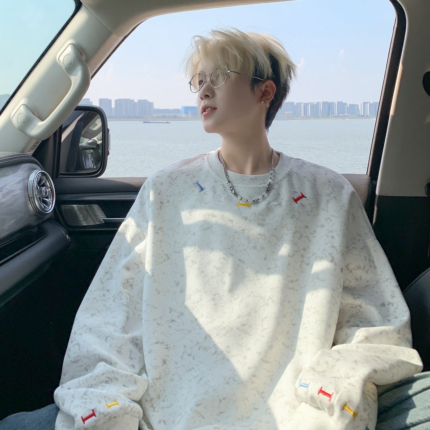 秋冬季加绒刺绣圆领卫衣男款青少年加厚宽松长袖T恤重磅大童上衣