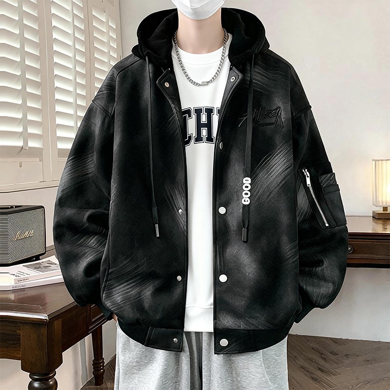 春秋新款连帽短款棒球服麂皮绒夹克外套男青少年中学生休闲褂子潮