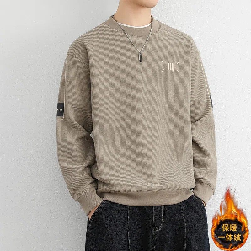 圆领毛衣男生秋冬季2025新款加厚一体绒潮冬装内搭打底针织衫保暖
