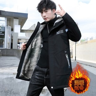 冬季派克服男士加绒加厚大皮毛外衣服潮流冬装中长款风衣加棉外套