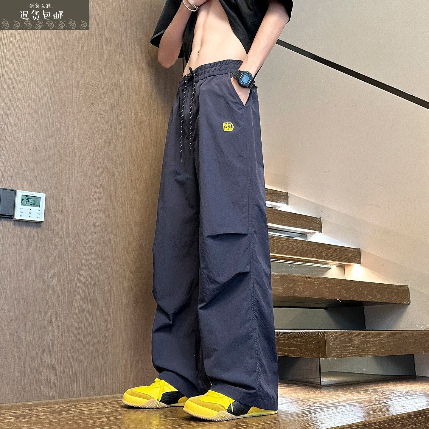 美式冲锋裤男生夏季薄款速干透气休闲阔腿长裤青少年学生运动裤子