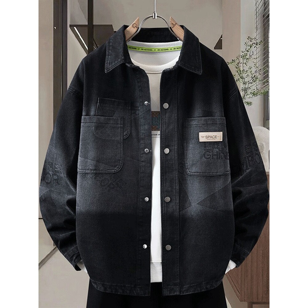 渐变色牛仔外套男生2026秋季新款休闲黑色夹克青少年复古宽松衬衫
