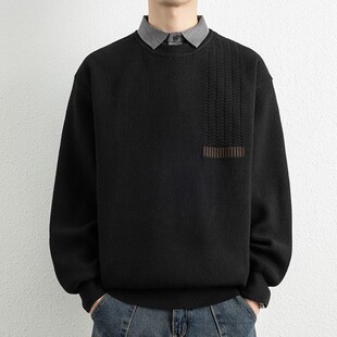 高端黑色假两件毛衣男款秋冬季潮牌简约休闲加厚衬衫领打底针织衫