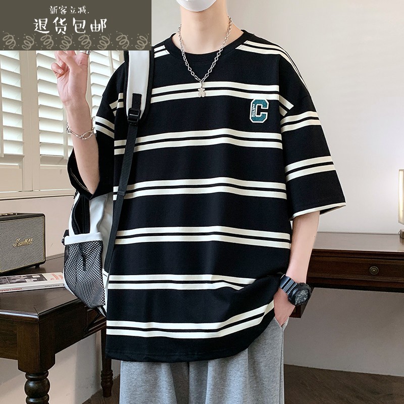 条纹T恤男士夏季潮牌薄款宽松圆领半截短袖青少年帅气休闲上衣服