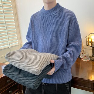 毛衣男款秋冬季竖条宽松半高领针织衫简约保暖套头潮牌打底线衣服