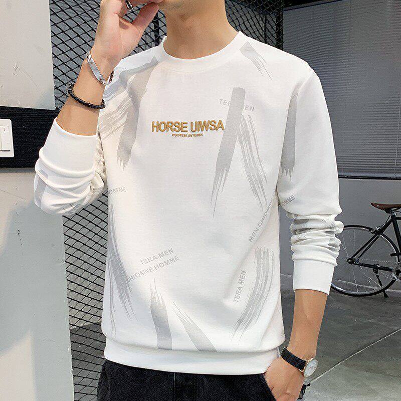 男士圆领卫衣春秋款潮牌打底衫早春季白色内搭长袖t恤男款上衣服