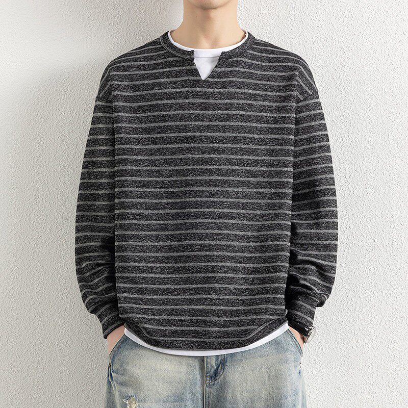 假两件圆领条纹针织衫男长袖宽松休闲百搭卫衣老钱风打底衫上衣潮