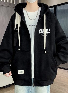 加绒外套男秋冬款宽松休闲连帽夹克男青少年潮流帅气黑色加厚褂子