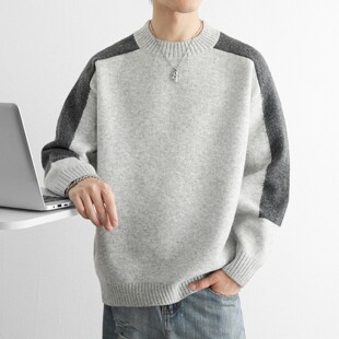 高级感原创拼色立领毛衣男秋冬保暖加厚插肩袖内搭打底针织羊毛衫