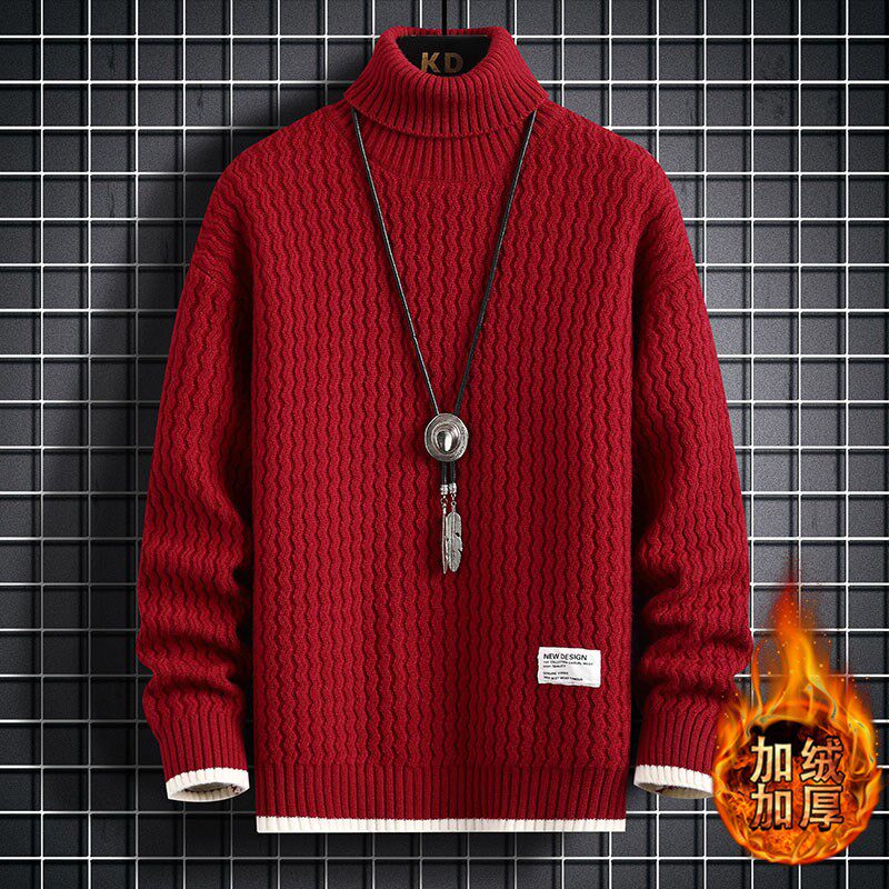 高领打底衫男秋冬季加绒加厚本命年毛衣圣诞节红色针织衫过年衣服