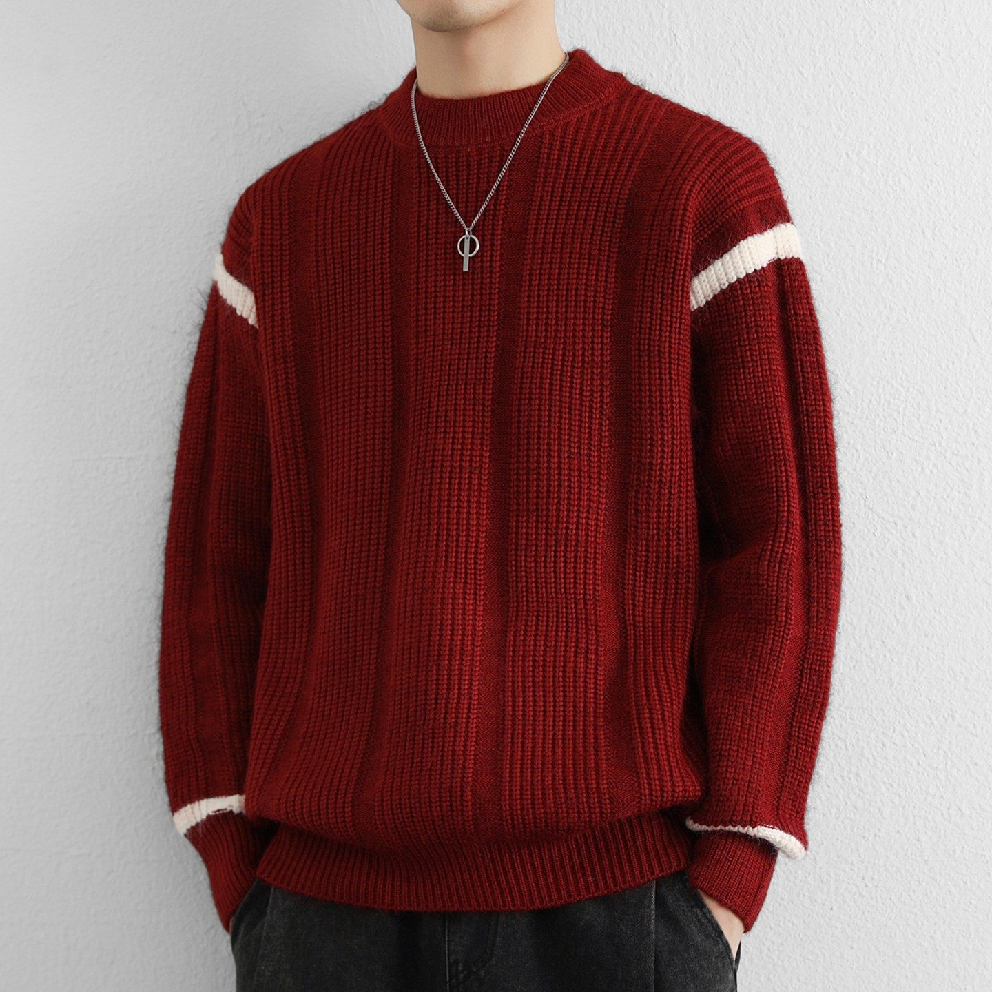 设计感撞色毛衣男针织羊毛衫本命年红色马年秋冬季上衣潮流毛线衣,户外/登山/野营/旅行用品,作训外套/套装/野战套装,淘宝优惠券,粉丝福利购,淘宝优惠卷