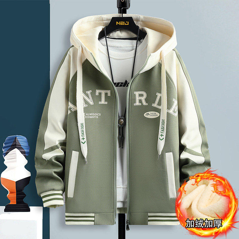 秋冬款连帽棒球服男孩初高中学生加绒加厚夹克青少年帅气运动外套