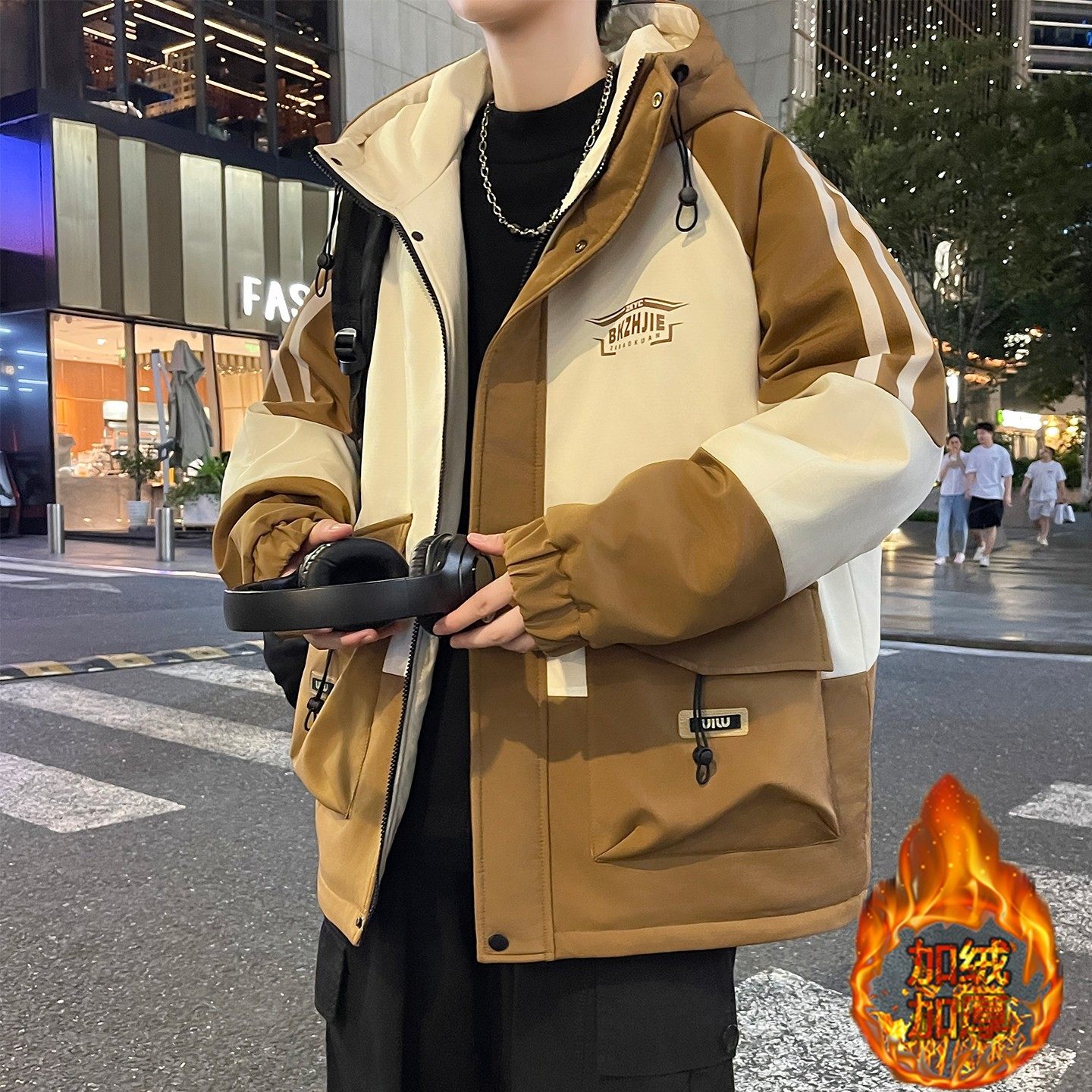 加绒加厚外套男秋冬季新款高中学生潮牌撞色保暖防寒棉服男生夹克