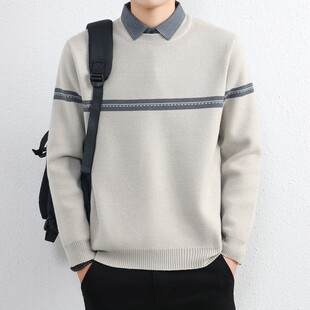 假两件毛衣男秋冬季新款衬衫领高级感宽松加绒加厚针织保暖打底衫