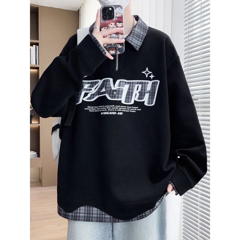 春秋季青少年翻领卫衣男孩初中学生长袖t恤大童帅气春装套头上衣