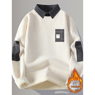 一体绒毛衣男秋冬款加绒加厚假两件长袖衣服潮牌衬衫领打底针织衫