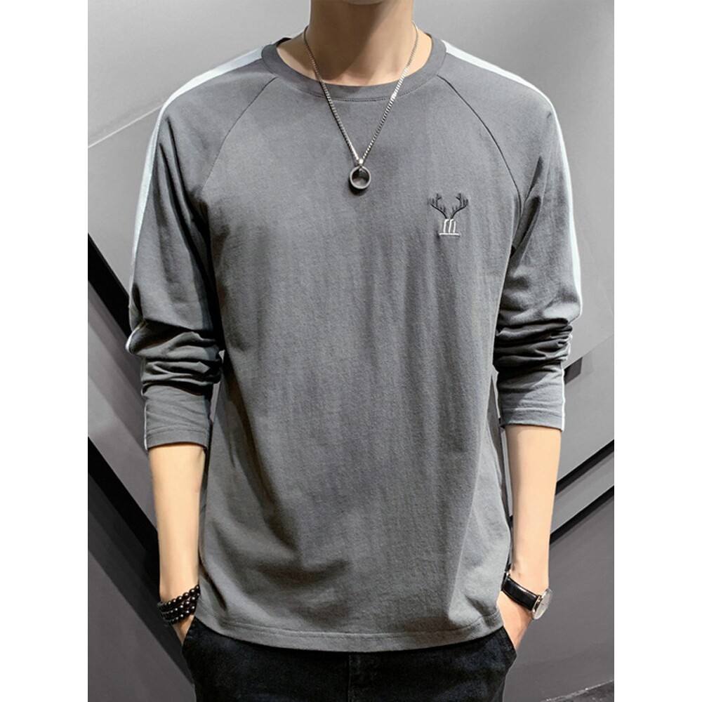 纯棉长袖t恤男春秋季新款潮牌刺绣插肩袖上衣服宽松休闲圆领卫衣