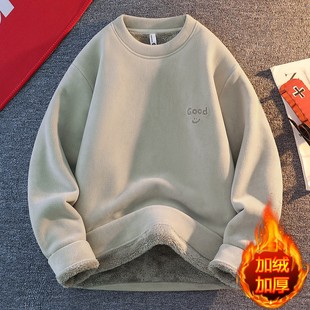 加绒卫衣男秋冬季潮加厚圆领青少年长袖羊羔绒奥粒绒保暖内搭衣服