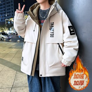 秋冬款青少年加绒外套男初中高中学生加绒加厚夹克冲锋衣冬装棉服