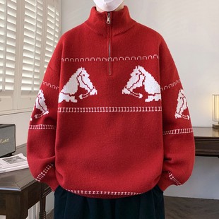 毛衣男马年红色秋冬季半拉链高领针织衫男款加厚保暖本命年套头衫