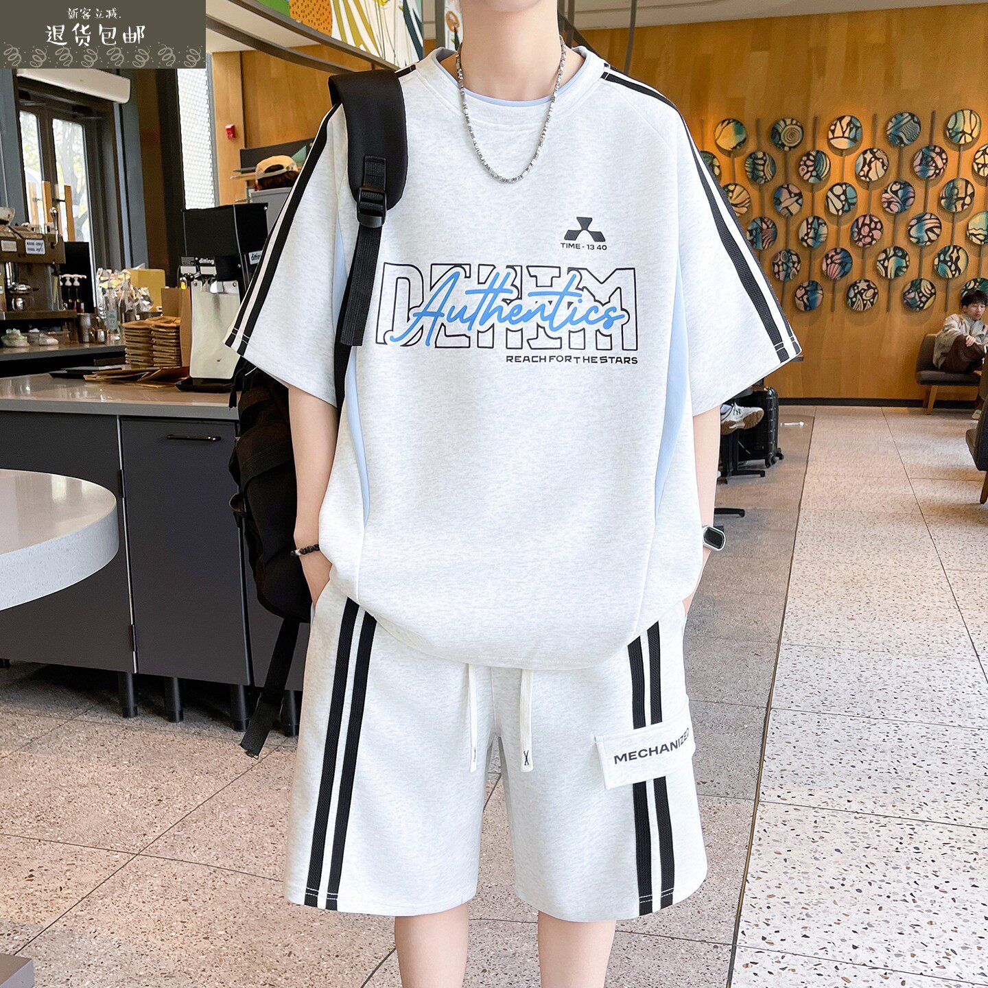 夏季冰丝男短袖短裤青少年潮流帅气学生男装一套衣服休闲运动套装