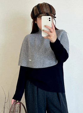 大码女装设计感休闲百搭针织小衫2025冬胖mm外搭半高领披肩23621