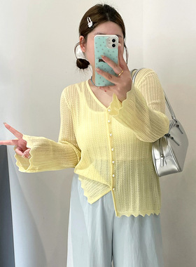 大码女装外搭防晒开衫女镂空长袖上衣2025夏胖mm宽松针织衫22976