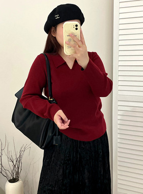 大码女装百搭休闲polo领上衣女2025秋季新款胖mm宽松针织衫23335