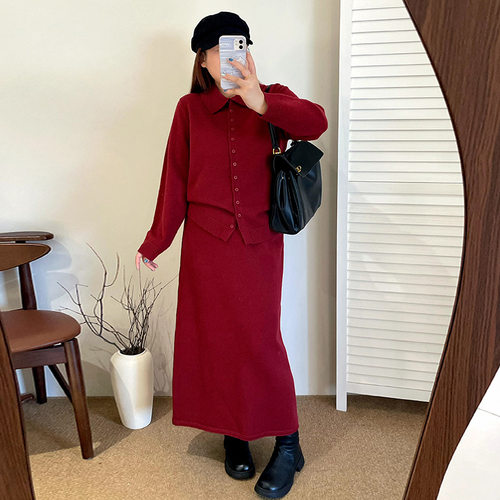 乃粒大码女装气质半高领开衫女半裙针织套装冬款胖mm两件套23151