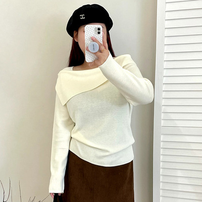 大码女装设计感不规则上衣女2025秋款胖mm宽松一字领针织衫23173