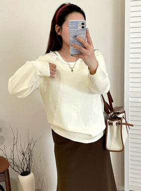 大码设计感露肩钉珠上衣女打底衫2025冬胖mm宽松休闲针织衫23292