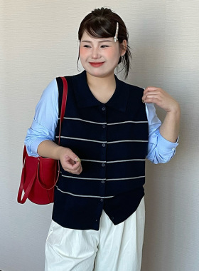 乃粒大码女装polo领撞色拼接上衣26春胖mm宽松休闲针织开衫23762