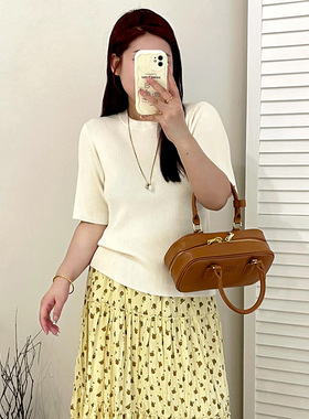 大码女装百搭圆领半袖上衣女2025秋新款胖mm宽松休闲针织衫23123