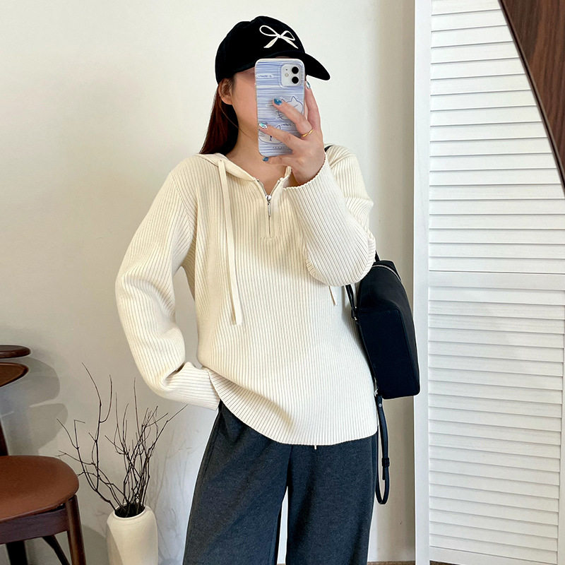 大码女装休闲连帽卫衣女半开胸毛衣2025冬款胖mm宽松针织衫23371