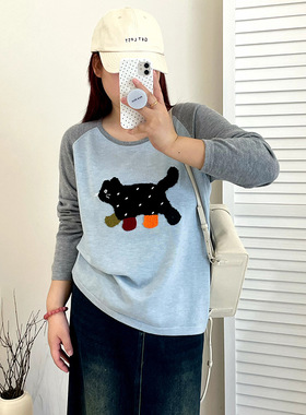 大码女装撞色插肩袖上衣女打底衫2025秋胖mm休闲刺绣针织衫23208